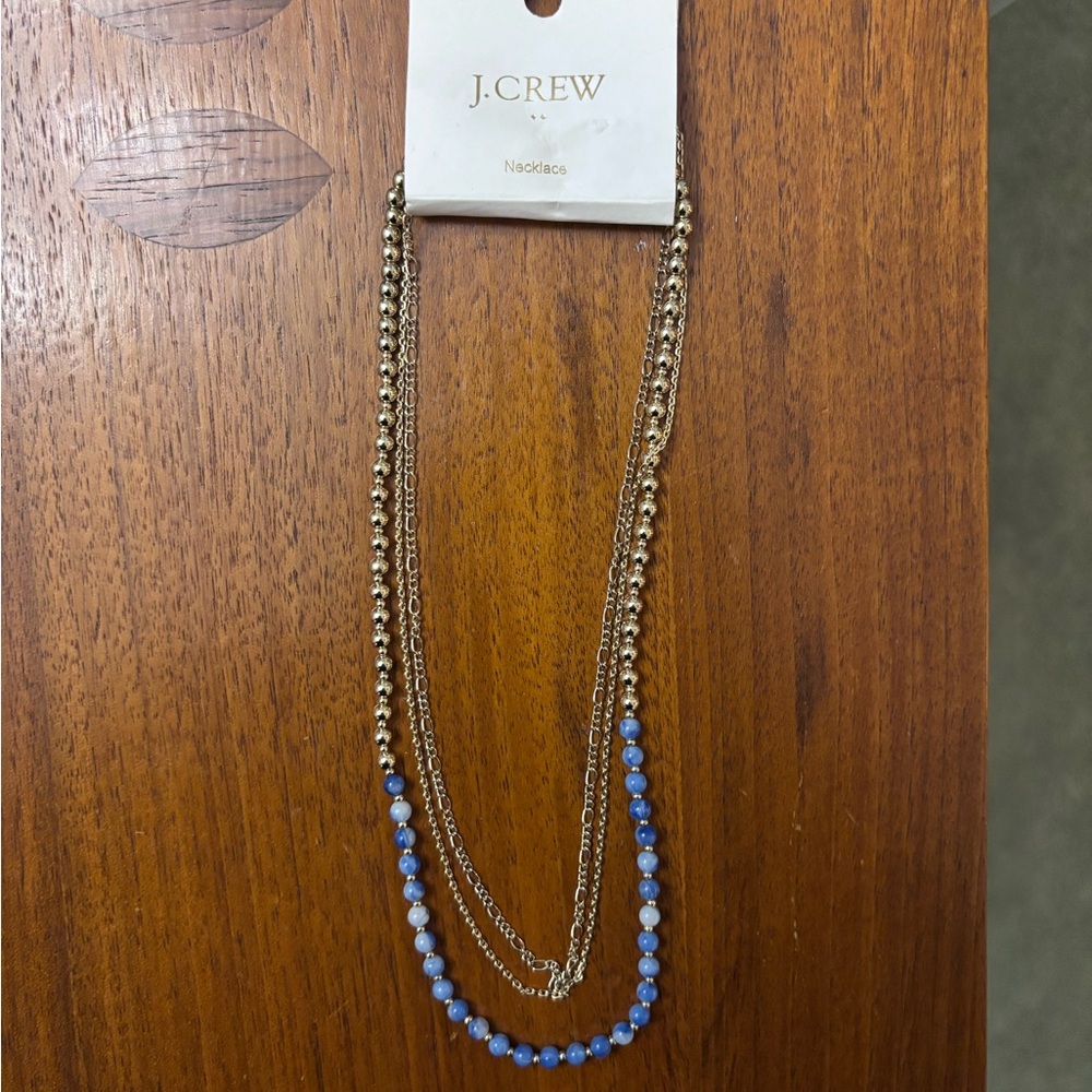 NWT J. Crew Gold and Blue Beaded Necklace triple strand
